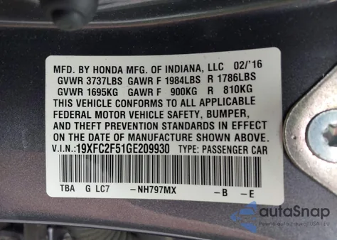 2016 Honda Civic Lx из США, поврежденный, VIN 19XFC2F51GE209930